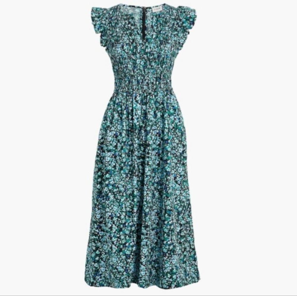 J. Crew Factory Blue Floral Cotton Poplin Smocked Flutter-Sleeve Midi Dress S